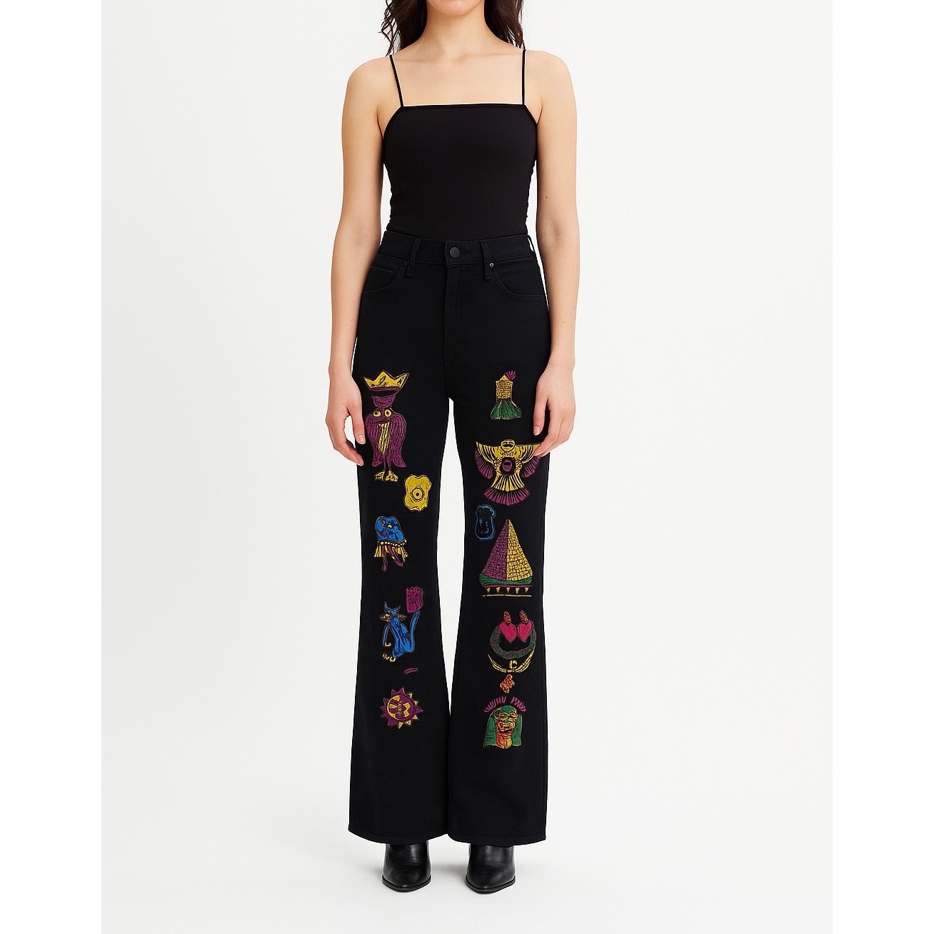 Mother Black Embroidered Denim Jeans Owl Cat Pyramid Egyptian Motif High Rise